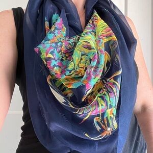 Navy Sheer Scarf with Multicolour Floral Accent